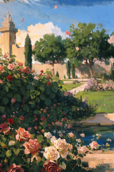 painting of a garden with a fountain and roses in the foreground