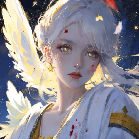 anime angel girl with white hair and gold wings