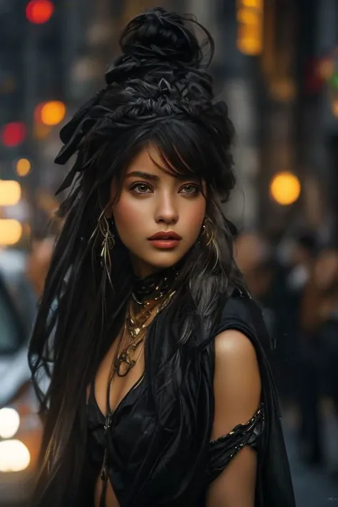 a close up of a woman with long hair and a black dress