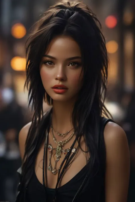 a woman with long black hair and a necklace on her neck