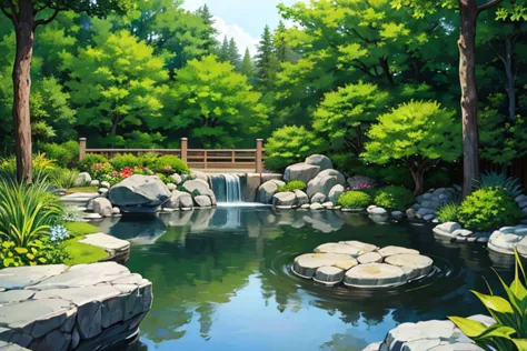 painting of a pond with a bridge and a waterfall in the middle