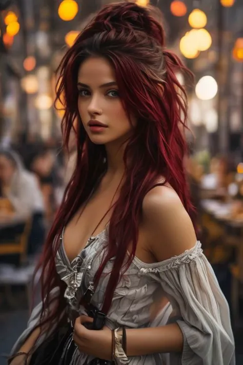 a woman with red hair and a white dress standing in a restaurant