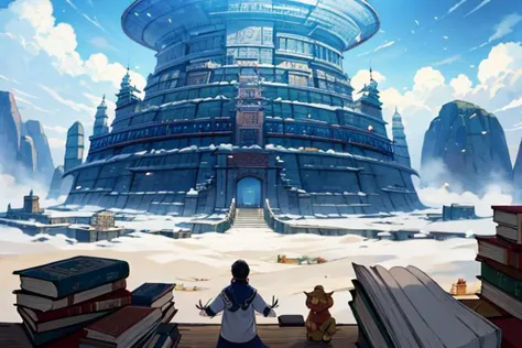 anime - style scene of a woman standing in front of a giant building