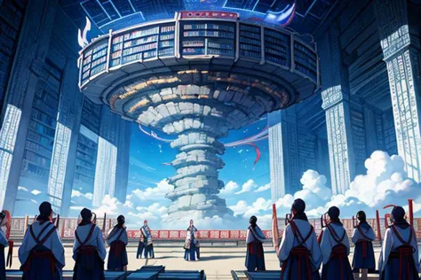 a group of people standing in front of a giant structure