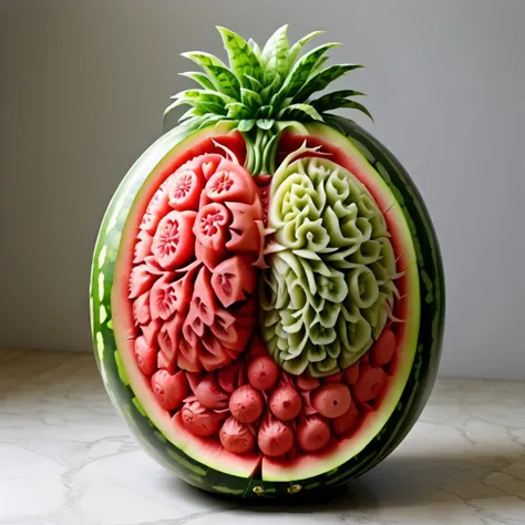 WassermeloneSchnitzerei der inneren Organe, Körperhöhle, sehr detailliert, 