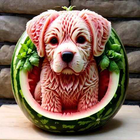 <lora:xiguadiaosdxllora:1>, watermeloncarving of dog, highly detailed, <lora:mymerge_v1:0.25>