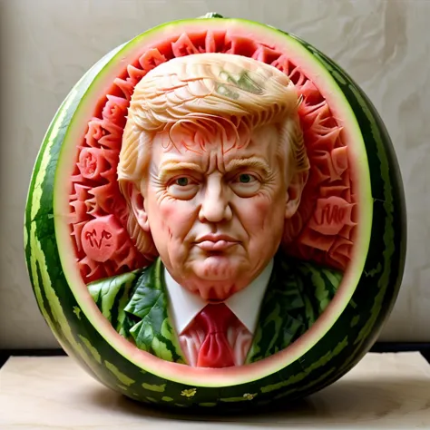 <lora:xiguadiaosdxllora:1>, watermeloncarving of donald trump, highly detailed, <lora:mymerge_v1:0.25>