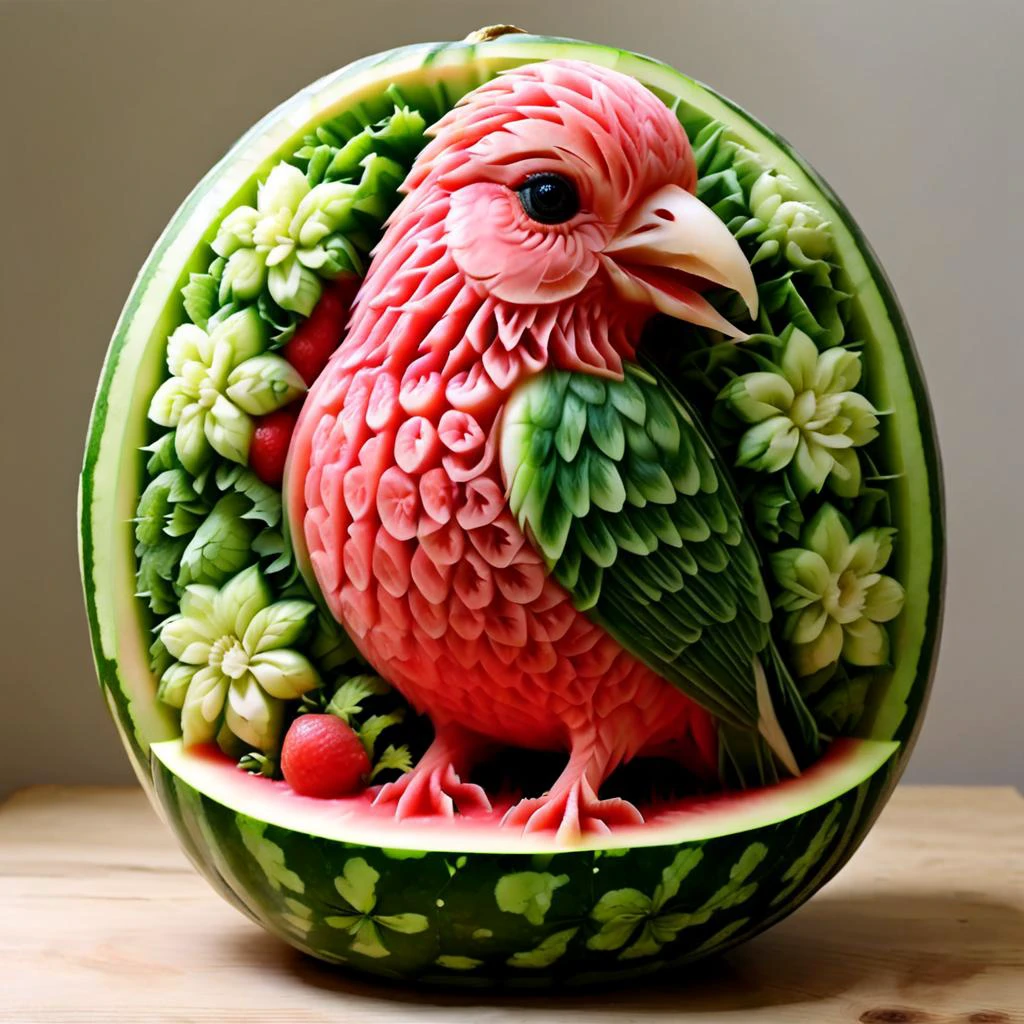 A close up of a watermelon with a bird carved into it - SeaArt AI