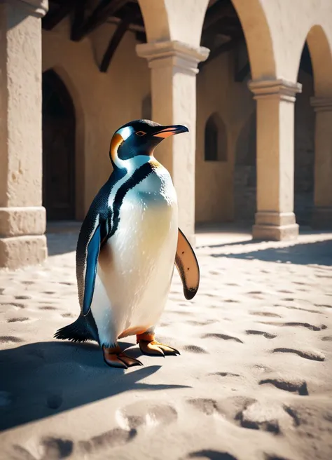 a (penguin:1.3) visiting spaso-evfimiev monastery, subsurface scattering, photorealistic, hyperrealistic, analog style, realisti...