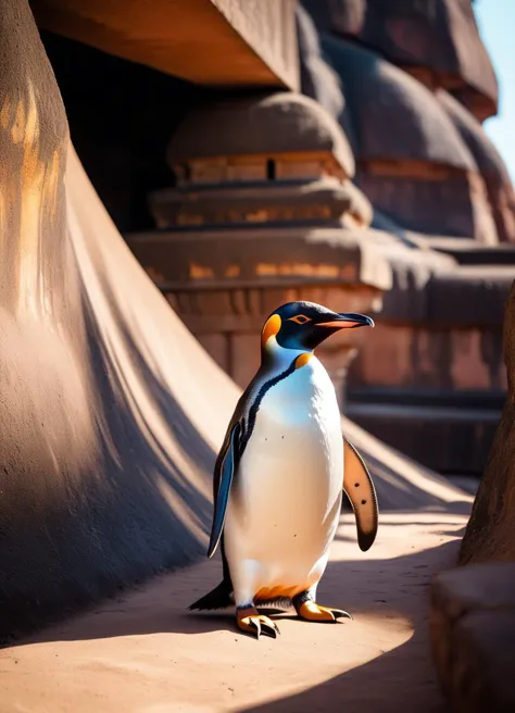 a (penguin:1.3) visiting sigiriya fortress, subsurface scattering, photorealistic, hyperrealistic, analog style, realistic, film...