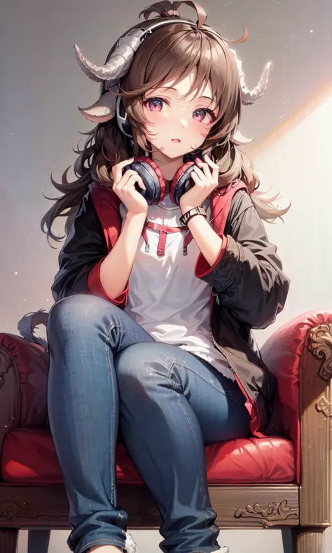 1girl,(((jacket,headphones,jeans,sitting,horn))),,chair