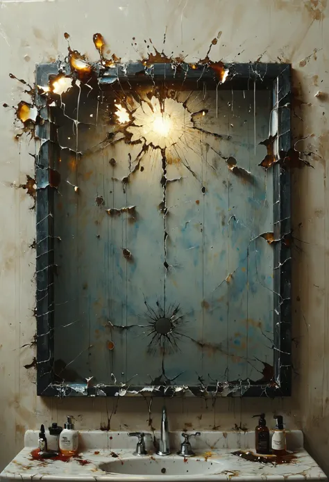 Shattered reflection in cracked bathroom mirror, Twilight Light, <lora:Melting_world:0.8>, <lora:Colorful_Tie-Dye_SDXL:0.7> mad-...