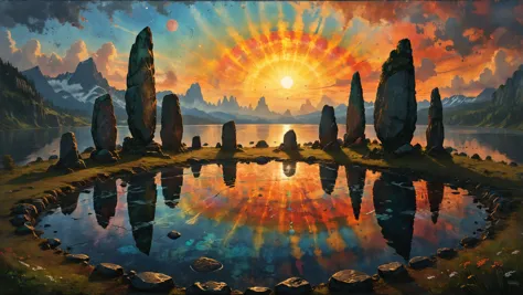 photorealistic detailed digital illustration of a circle of mad-tiedye standing stones,  Crater lakes shimmering with liquid sil...