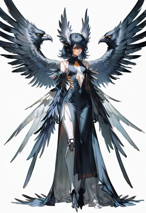 female, wings, mechanical wings, small breasts, black hair, corvid, yellow eyes, (humanoid face), large wings, spread wings, winged humanoid, open-back dress, side slit, white background, standing, contrapposto, slight frown, half closed eyes, looking ahead, feather hair, feather tuft, neck tuft, bored,( feather body, black feathers), (((winged arms)),
Monster girl, quasarcake,