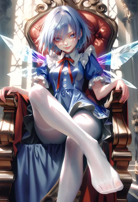 1girl, solo, cirno, touhou, crystal wings, blue hair, blue eyes, bodysuit, by pottsness, pastel, white pantyhose, skindentation,...