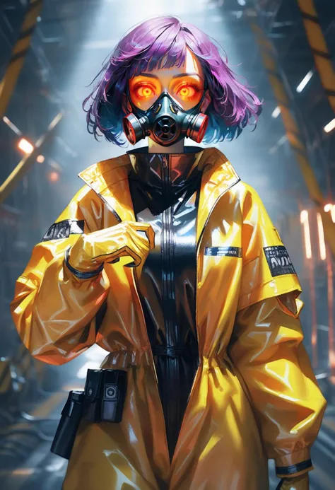 a woman in a yellow raincoat and goggles holding a gun