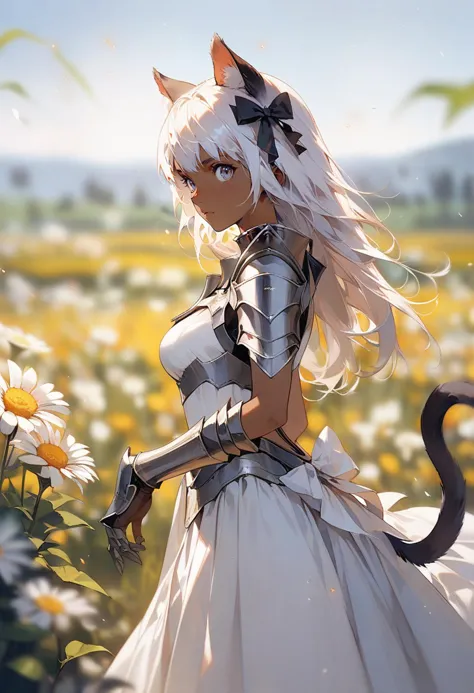 dino_\(dinoartforame\), 1girl, solo, long hair, breasts, looking at viewer, bangs, dress, bow, animal ears, closed mouth, standing, tail, flower, white hair, hair bow, outdoors, sky, day, cat ears, dark skin, white dress, armor, blurry, from side, dark-skinned female, cat tail, black bow, depth of field, blurry background, shoulder armor, gauntlets, field, flower field
Depth of field