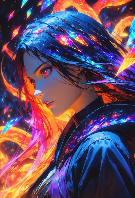 a woman with long hair and glowing hair in a space