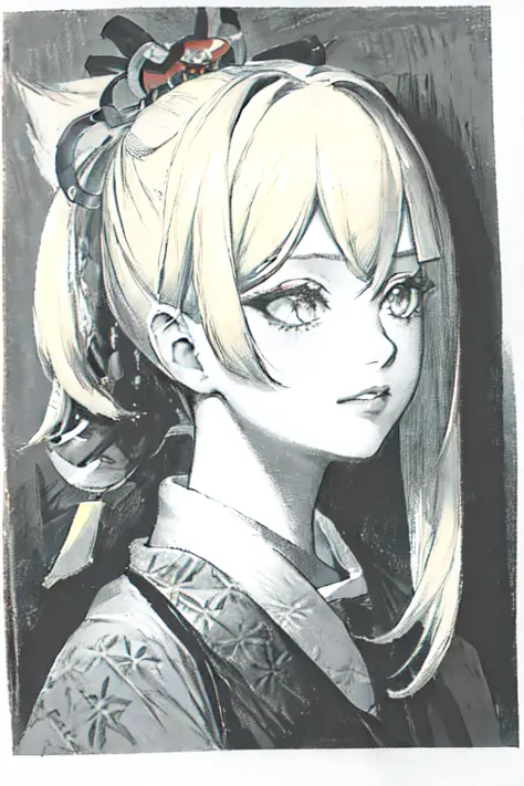 portrait, 1fille, incroyablement attrayant, Haut du corps, Mise au point du visage, très détaillé, Meilleure qualité, chef-d&#39;œuvre Yoimiya \(impact genshin\), cheveux blond, (Monochromes:1.2), niveaux de gris,  graphite \(moyen\), dessin