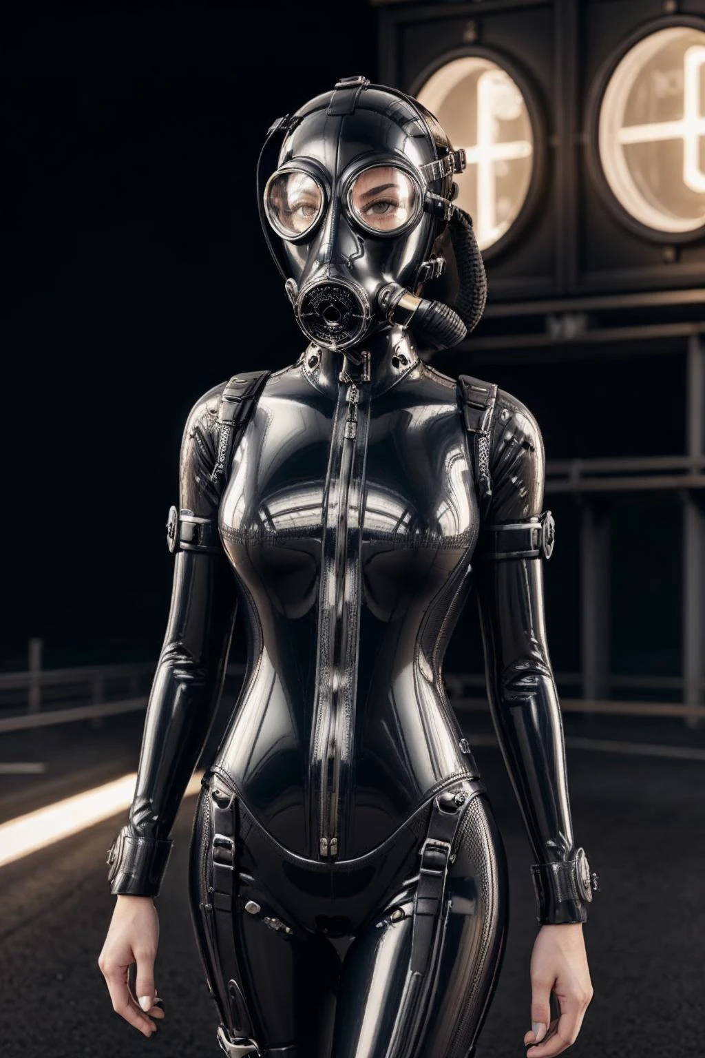 A woman in a gas mask and latex suit standing on a street - SeaArt AI