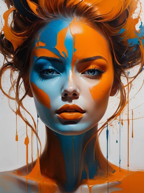 Abstract style <lora:FF-Midj-Rise-v0564:1>,  painting of a woman's face with orange and blue paint, by Sam Spratt, alberto seves...