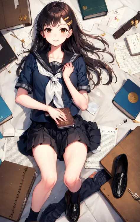 1girl, black_footwear, book, brown_eyes, grey_skirt, hair_ornament, hairclip, holding_book, loafers, long_hair, looking_at_viewe...