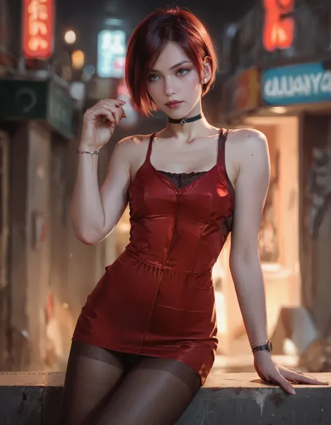 score_9, score_8_up,score_7_up, score_6_up, score_5_up, score_4_up,, <lora:AdaWong:0.8>,   RE2, red short dress, pantyhose, sleeveless, collarbone