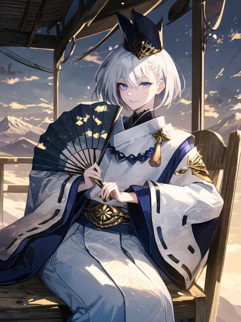 masterpiece,best quality,highres,cinematic lighting,dramatic angle,1boy,<lora:ShadowverseKuonV1-000025:0.8:lbw=jiangshi3>,white hair,short hair,blue eyes,tate eboshi,blue headwear,white dress,clothing cutout,ribbon,tassel,looking at viewer,evil smile,shaded face,parted lips,wide sleeves,kariginu,straight-on,holding,close-up,depth of field,beads,talisman,black hakama,sitting,fence,mountains,clouds,sunset,indoors,wooden architecture, hand on own cheek,arm support,chair,head tilt,leg up,on side,hand fan,folding fan,holding,paper fan