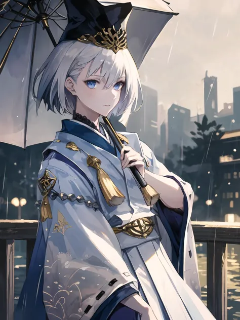 masterpiece,best quality,highres,cinematic lighting,dramatic angle,1boy,<lora:ShadowverseKuonV1:0.8:lbw=jiangshi3> ,white hair,(short hair:0.68),blue eyes,white dress,clothing cutout,gold trim,clothing cutout,hakama,tate eboshi,hat,japanese clothes,beads,tassel,looking at viewer,potrait,straight-on,(close-up:1.3),rain,(holding umbrella:1.068),walking on bridge,streetscape,blurry background,depth of field,monochrome,expressionless