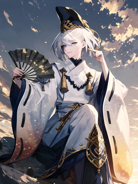 masterpiece,best quality,highres,cinematic lighting,dramatic angle,1boy,<lora:ShadowverseKuonV1-000025:0.8:lbw=jiangshi3>,white hair,short hair,blue eyes,tate eboshi,blue headwear,white dress,clothing cutout,ribbon,tassel,looking at viewer,evil smile,shaded face,parted lips,wide sleeves,kariginu,straight-on,(large hand fan:1.14),holding,sitting,mountains,clouds,sunset,leg up,on ground,outdoors,close-up,depth of field,one hand on own knee,beads,talisman,black hakama