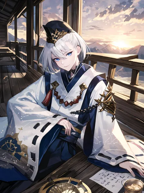 masterpiece,best quality,highres,cinematic lighting,dramatic angle,1boy,<lora:ShadowverseKuonV1-000025:0.8:lbw=jiangshi3>,white hair,short hair,blue eyes,tate eboshi,blue headwear,white dress,clothing cutout,ribbon,tassel,looking at viewer,evil smile,shaded face,parted lips,wide sleeves,kariginu,straight-on,holding,close-up,depth of field,beads,talisman,black hakama,sitting,fence,mountains,clouds,sunset,indoors,wooden architecture, hand on own cheek,arm support,chair,head tilt,leg up,on side,hand fan,folding fan,holding,paper fan