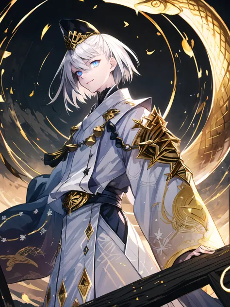 masterpiece,best quality,highres,cinematic lighting,dramatic angle,1boy,<lora:ShadowverseKuonV1:0.8:lbw=jiangshi3> ,white hair,short hair,blue eyes,hat,tate eboshi, white dress,japanese clothes,hakama,wide sleeves,tassel,gold trim,clothing cutout,looking at viewer,glowing eyes,sunset,black clouds,dark sky,mountains,ofuda,magic,golden snake,gold snake,glowing eyes,evil smile,parted lips,sun at the horizon dividing day and night,portrait,<lora:flat2:-0.25> ,castig spell