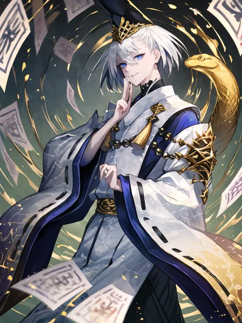 masterpiece,best quality,highres,cinematic lighting,dramatic angle,1boy,<lora:ShadowverseKuonV1-000025:0.8>,white hair,short hair,blue eyes,tate eboshi,blue headwear,white dress,clothing cutout,ribbon,tassel,looking at viewer,evil smile,shaded face,parted lips,wide sleeves,kariginu,straight-on,holding,close-up,depth of field,beads,talisman,black hakama,dynamic angle,magic,ofuda,holding ofuda,casting spell,golden snake,one hand  over head,one arm over head,straight-on,shushing