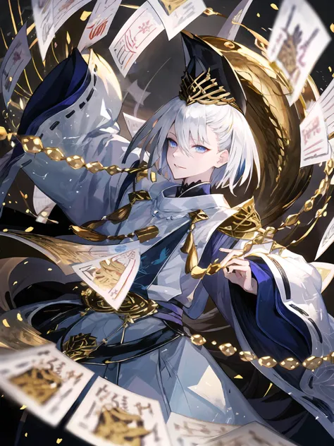 anime girl with white hair and blue eyes holding a gold crown