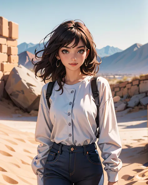 araffe woman in a white shirt and black pants standing in the desert