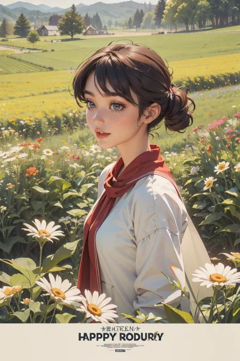 a close up of a person standing in a field of flowers