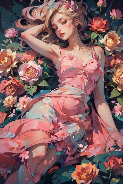 <lora:shuicolor_v1:0.9>
shui001,1girl, solo, flower, dress, blonde hair, closed eyes, pink flower, rose, lying, white dress, pin...