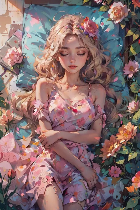 <lora:shuicolor_v1:0.9>
shui001,1girl, solo, flower, dress, blonde hair, closed eyes, pink flower, rose, lying, white dress, pin...