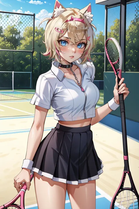 anime girl with tennis racket and cat ears standing on court