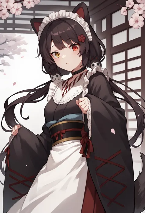 score_9, score_8_up, score_7_up, score_6_up, score_5_up, score_4_up, source_anime, it1, flower, twintails, low twintails, very long hair, tail, dog tail, choker, maid headdress, black kimono, wide sleeves, frills, obi, white apron, sleeves past wrists, skirt, red skirt, east asian architecture, cherry blossoms<lora:InuiTokoXL-16:1>