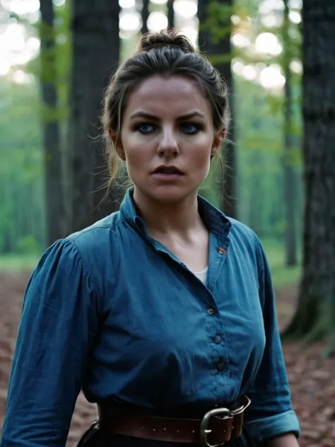 a woman in a blue shirt and black skirt standing in a forest