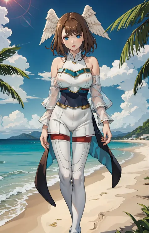 a woman in white and blue outfit standing on a beach