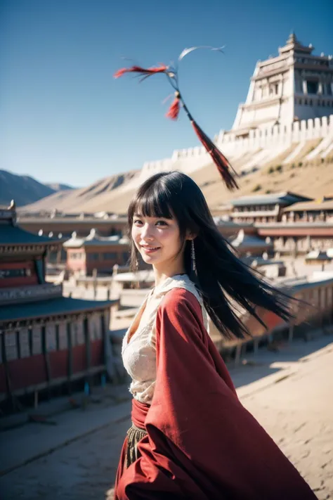 a woman in a red robe standing in front of a building