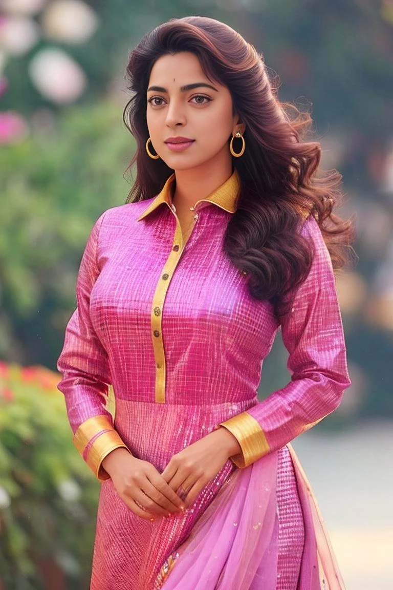 hires  photo of juhi woman, studio quality, looking straight at viewer, detailed high collar dress, background bokeh 