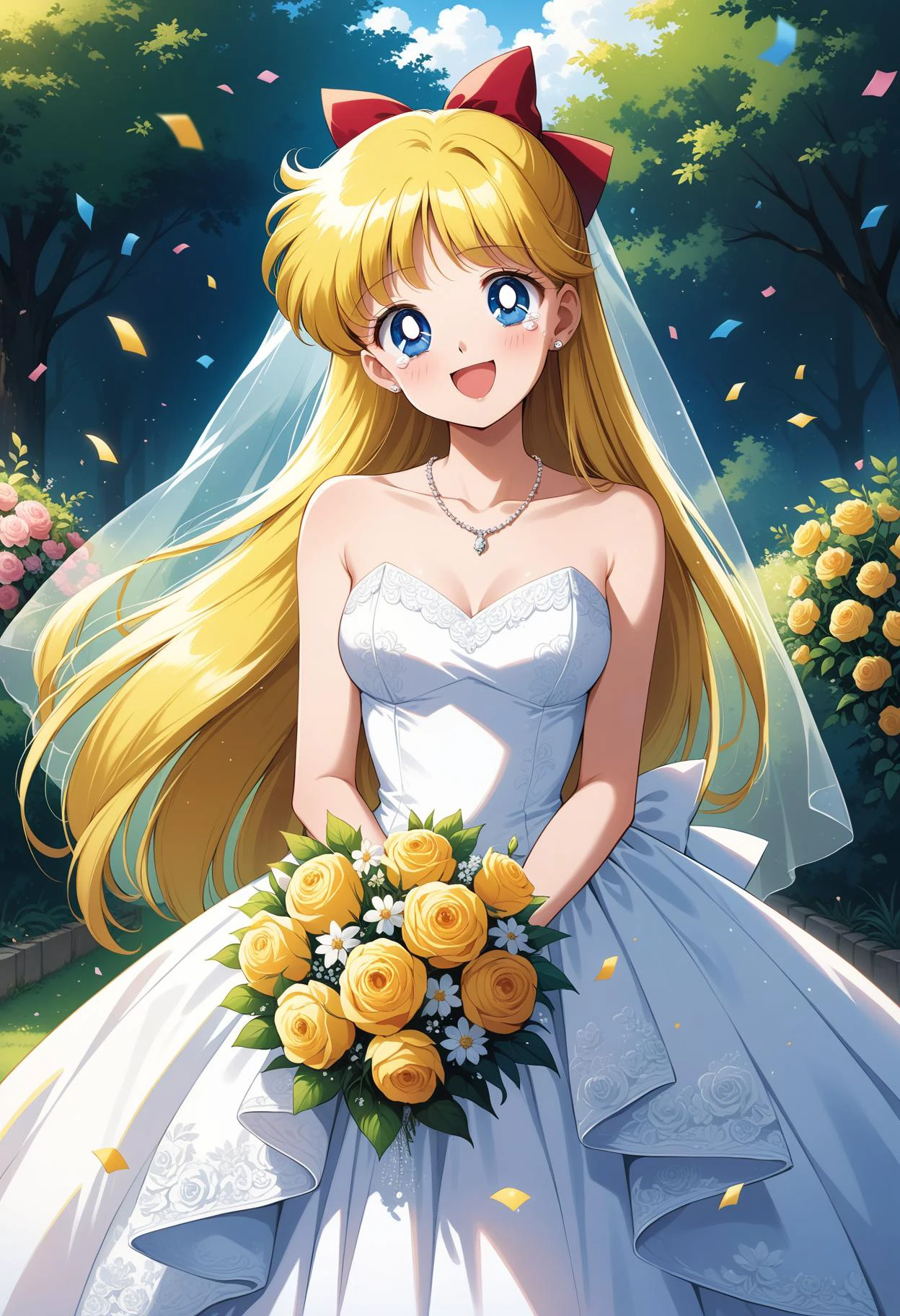 (masterpiece, best quality, very aesthetic, ultra detailed), intricate details, 4k, aavenus, long hair, blonde hair, hair bow, earrings, blue eyes, wedding dress, white dress, strapless, necklace, garden, confetti, smile, open mouth, tearing up, cowboy shot, standing, holding bouquet, bridal veil