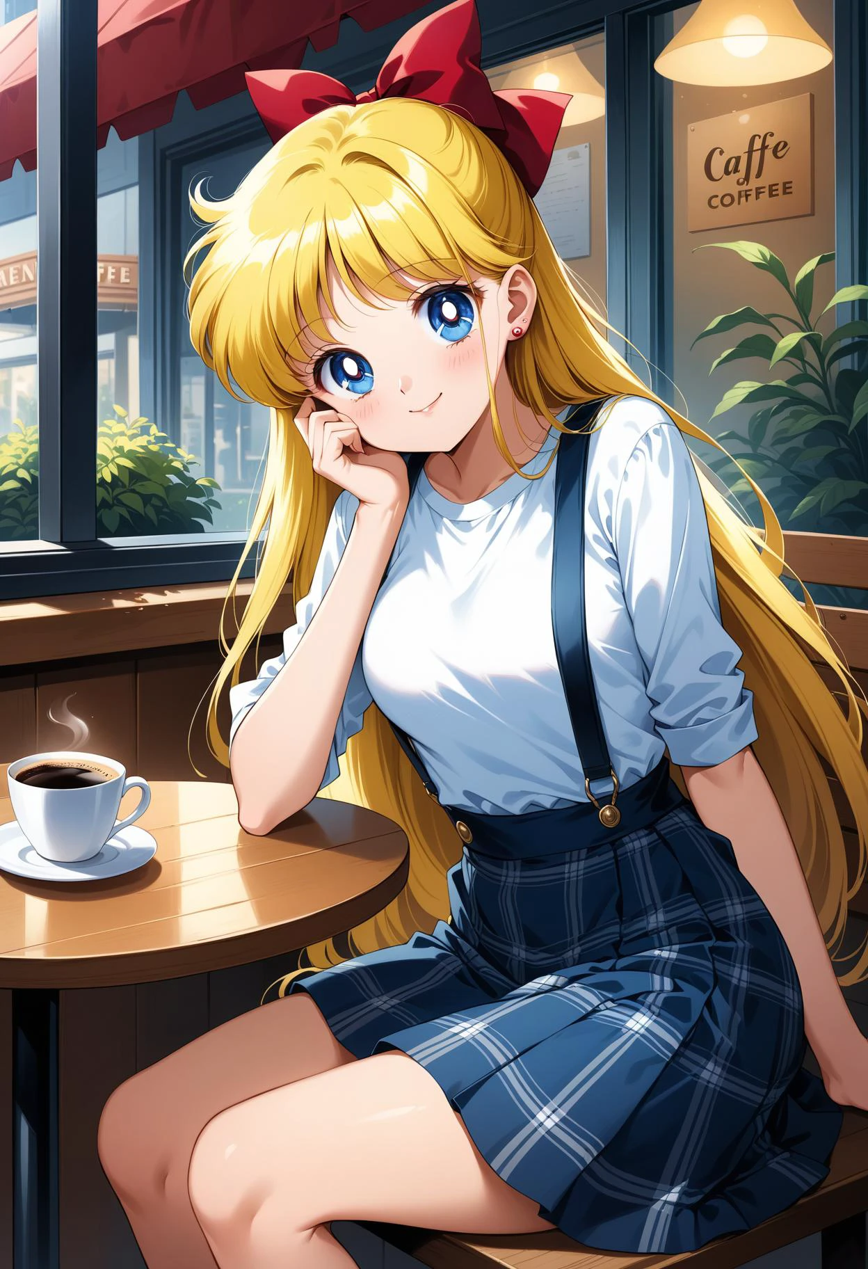 (masterpiece, best quality, very aesthetic, ultra detailed), intricate details, 4k, aavenus, long hair, blonde hair, hair bow, earrings, blue eyes, casual, miniskirt, suspender skirt, plaid skirt, sitting, cafe, table, coffee, cup, smile, hand on own face,