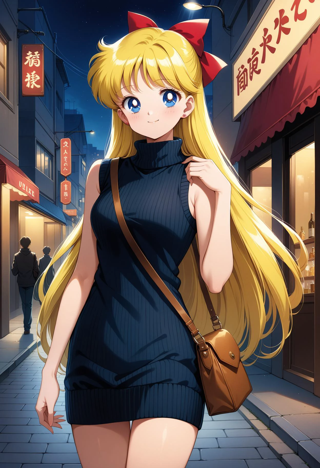 (masterpiece, best quality, very aesthetic, ultra detailed), intricate details, 4k, aavenus, long hair, blonde hair, hair bow, earrings, blue eyes, ribbed sweater, black sweater, sweater dress, sleeveless, turtleneck, shoulder bag, bare arms, smile, night, street, standing, cowboy shot,
