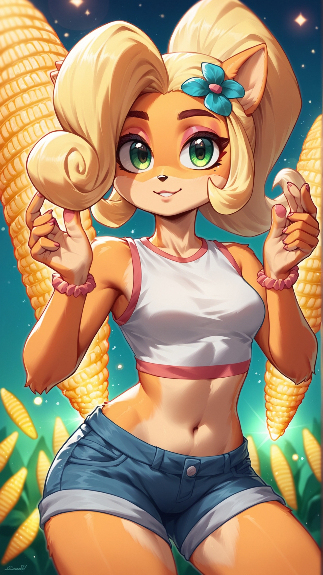 A cartoon girl with blonde hair and a white top holding a piece of corn -  SeaArt AI