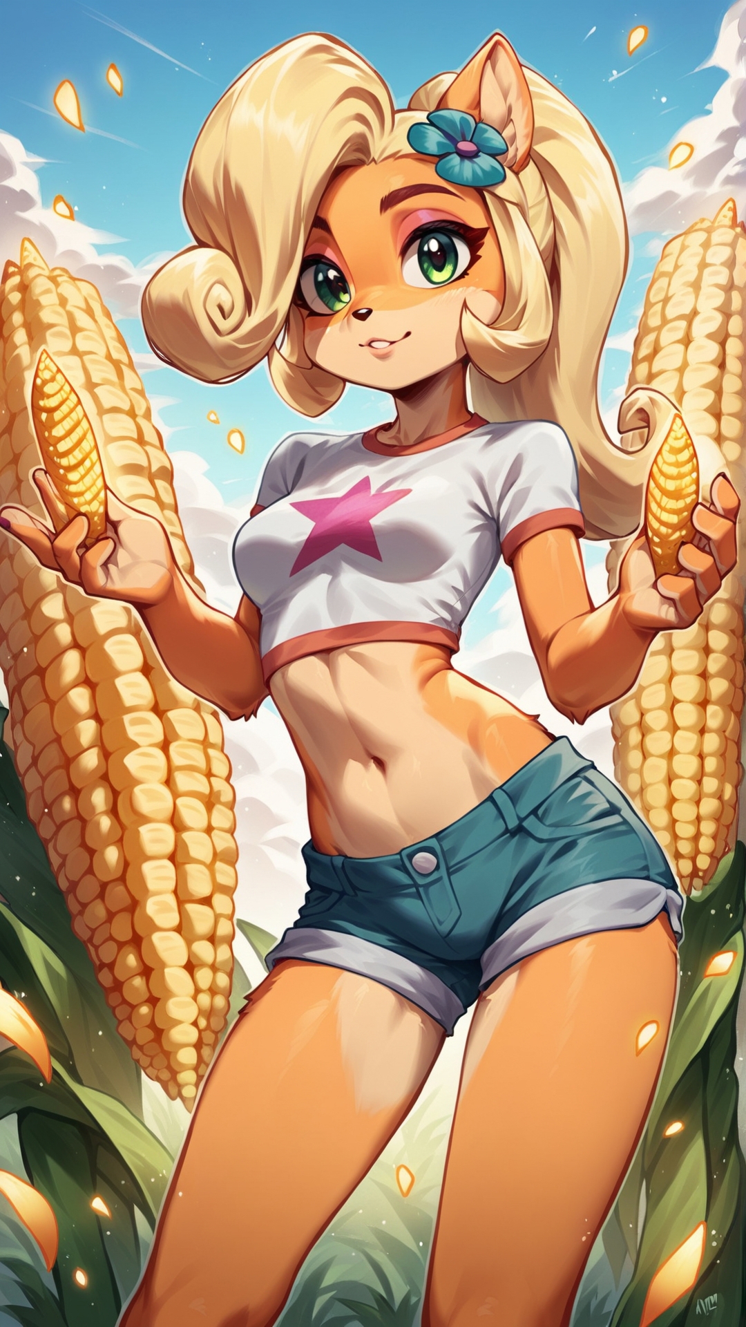 A cartoon girl in shorts and a t - shirt holding a corn cob - SeaArt AI