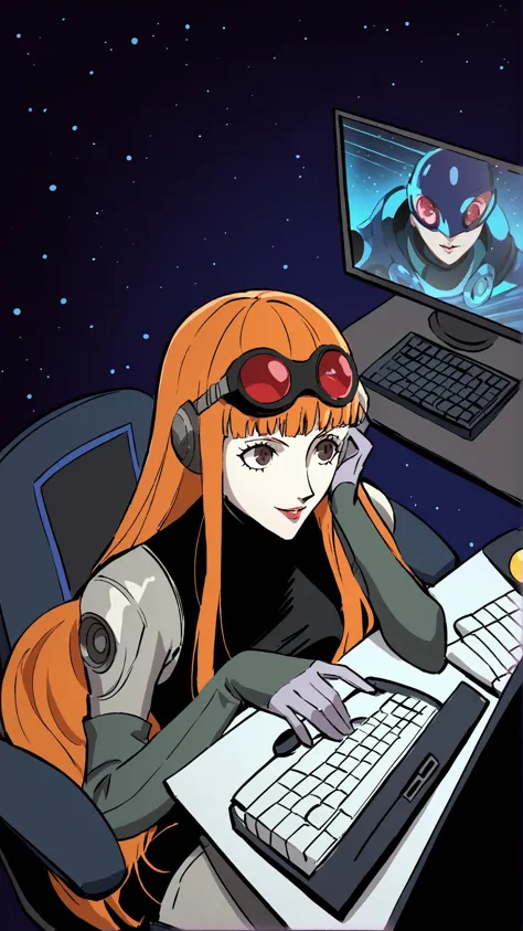 score 9, score 8 up, score 7 up, score 6 up, score 5 up, score 4 up, BREAK, <lora:dsfutaba_a3b:0.8> dsoracle, 1girl, persona 5, orange hair, long hair, night vision device, night vision, goggles, cyber bodysuit, boots, keyboard, computer